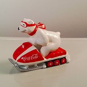 Coca Cola Polar Bear on Red Snowmobile Ceramic Collectible